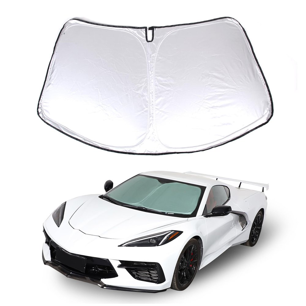 Suetlcoity Car Windshield Sunshade Compatible with Corvette C8 2020-2024 Reflective Polyester Blocks Heat and Sun.Foldable Sun Shield That Keeps Your Vehicle Cool (Medium 56.3 x 30.9in)
