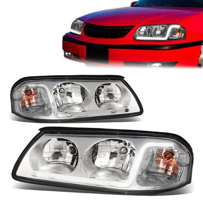 D SOLUTIONS Pair of LED DRL Light Bar Headlight Assembly Compatible with Chevy Impala 2000-2005 (Chrome Housing Clear Lens Clear Corner)