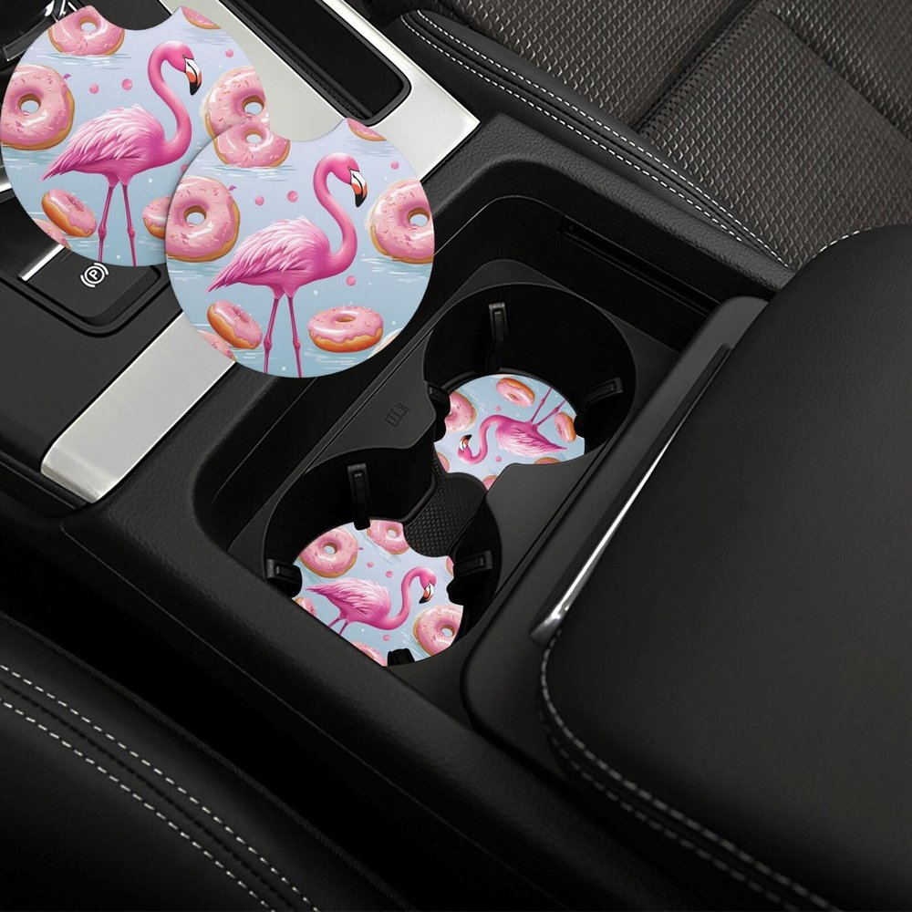 Flamingo and Donuts Car Cup Holder Coasters 2 Pcs Car Coaster Anti Slip Car Cup Pad Universal Car Interior Cup Holder Pads Rubber Car Cup Mat with A Finger Notch