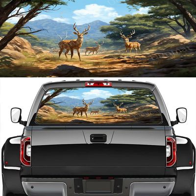 SOPIYRIO Cartoon Wild Deer Pickup Car Rear Window Decals Decor, Modern Colorful Woods Animals Perforated Window Film Decals for Truck Back,Scratch Hidden Car Stickers 66 x 22 inch