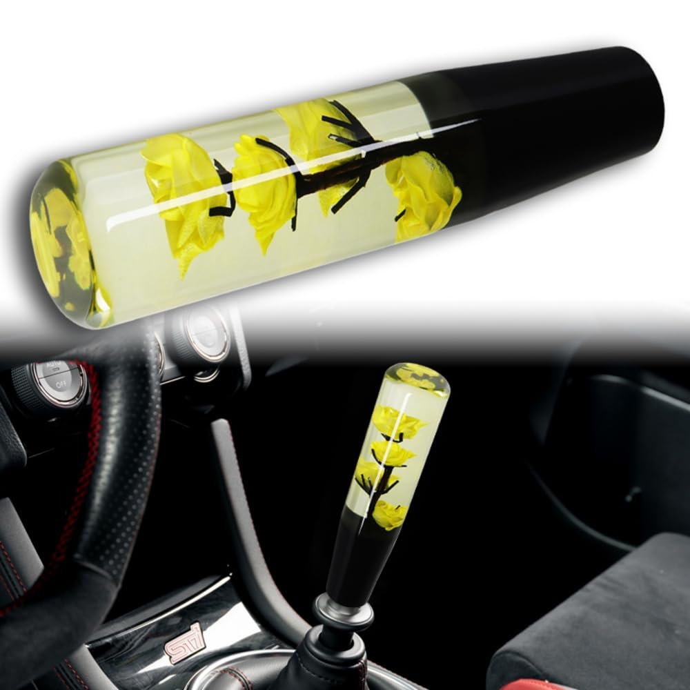 W-POWER Universal 20CM JDM Clear Real Flowers Durable Acrylic Manual Car Gear Stick Shift Knob, 5 6 Speed for Manual Automatic Vehicles with Adapters (Yellow Flower)