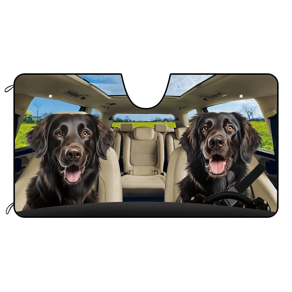 Dog Vehicle Windshield Sunshade for Car SUV and Minivans, Flat-Coated Retriever Dog in The Flower Decoration, UV Ray Reflector Sun Protector Sun Shade Visor, Keep Vehicle Cool, 55" x 30"