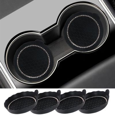 4 Pack Bling Car Coasters, 2.75 Inch Bling Crystal Rhinestone Soft Rubber Universal Anti-Slip Glitter Cup Mats Auto Cup Holder Insert Drink Coaster Car Interior Decoration for Women Girls (Black)