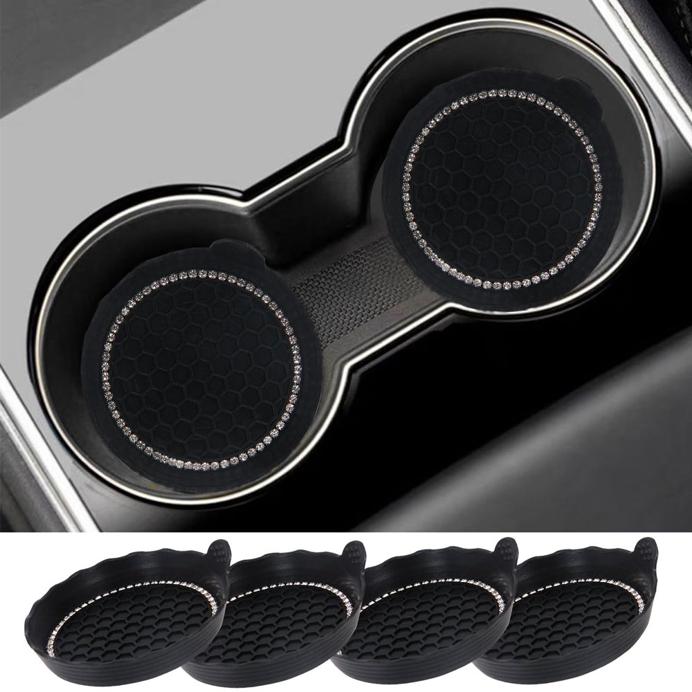 4 Pack Bling Car Coasters, 2.75 Inch Bling Crystal Rhinestone Soft Rubber Universal Anti-Slip Glitter Cup Mats Auto Cup Holder Insert Drink Coaster Car Interior Decoration for Women Girls (Black)