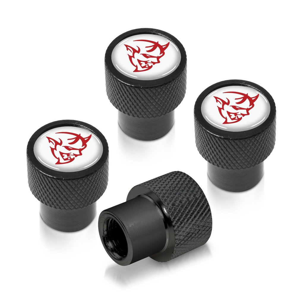 iPick Image for Dodge Demon Red Logo in White on Black Easy-Grip Premium Aluminum Tire Valve Stem Caps - Official Licensed