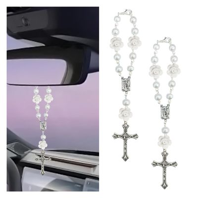 2PCS Car Rearview Mirror Floret Rosary Decor, Personalized Decoration Protection Pendant, Car Interior Hanging Accessories, Auto Rear View Mirror Charm for Women Men (White flower)