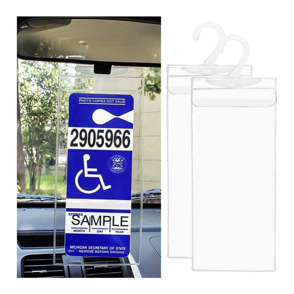 Suvnie Handicap Placard Holder, Ultra Transparent Disabled Parking Placard Protector, Car Disabled Permit Protective Cover with Large Hanger, Universal Interior Car Accessories (2 PCS)