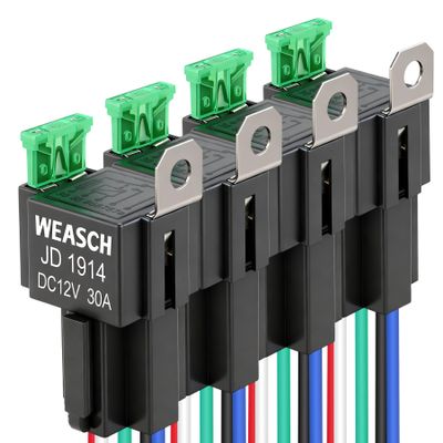 Weasch 4 Pack Fuse Relay Switch Kit, 12V 30A, 5 Pin SPDT, 30A Switch Harness Set, Automotive Electrical Relays with 14 AWG Hot Wires (4)