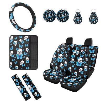 Biyejit 12 Pcs Skull Butterfly Car Seat Cover Full Set for Women Men Includes 1 Steering Wheel Cover, 4 Car Front and Rear Seat Covers, 1 Armrest Pad, 2 Seat Belt Pads, 2 Cup Mats, 2 Keychain