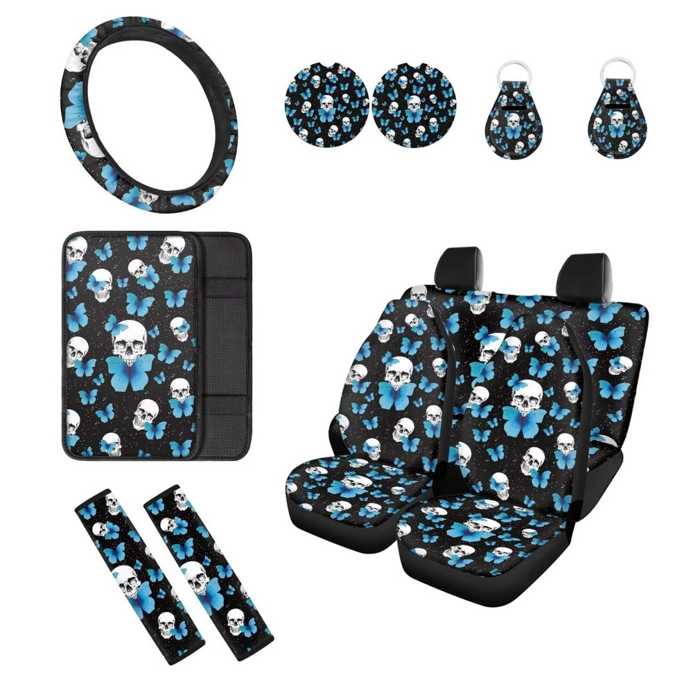 Biyejit 12 Pcs Skull Butterfly Car Seat Cover Full Set for Women Men Includes 1 Steering Wheel Cover, 4 Car Front and Rear Seat Covers, 1 Armrest Pad, 2 Seat Belt Pads, 2 Cup Mats, 2 Keychain