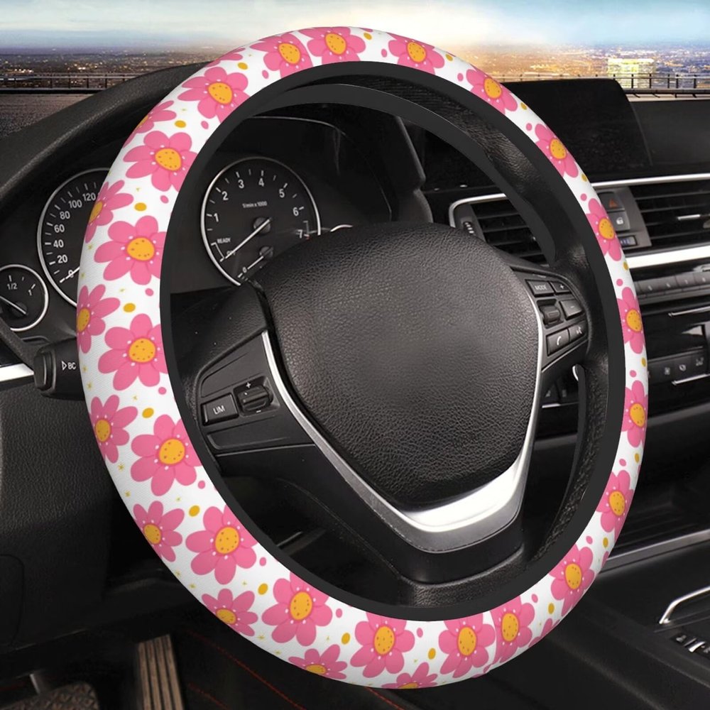 MAGIFUN Daisy Flower Steering Wheel Cover Pink Floral Cloth Steering Wheel Protector Auto Wheel Cover 15 Inch Anti-Slip Breathable and Sweat Absorption Cute Steering Wheel Covers