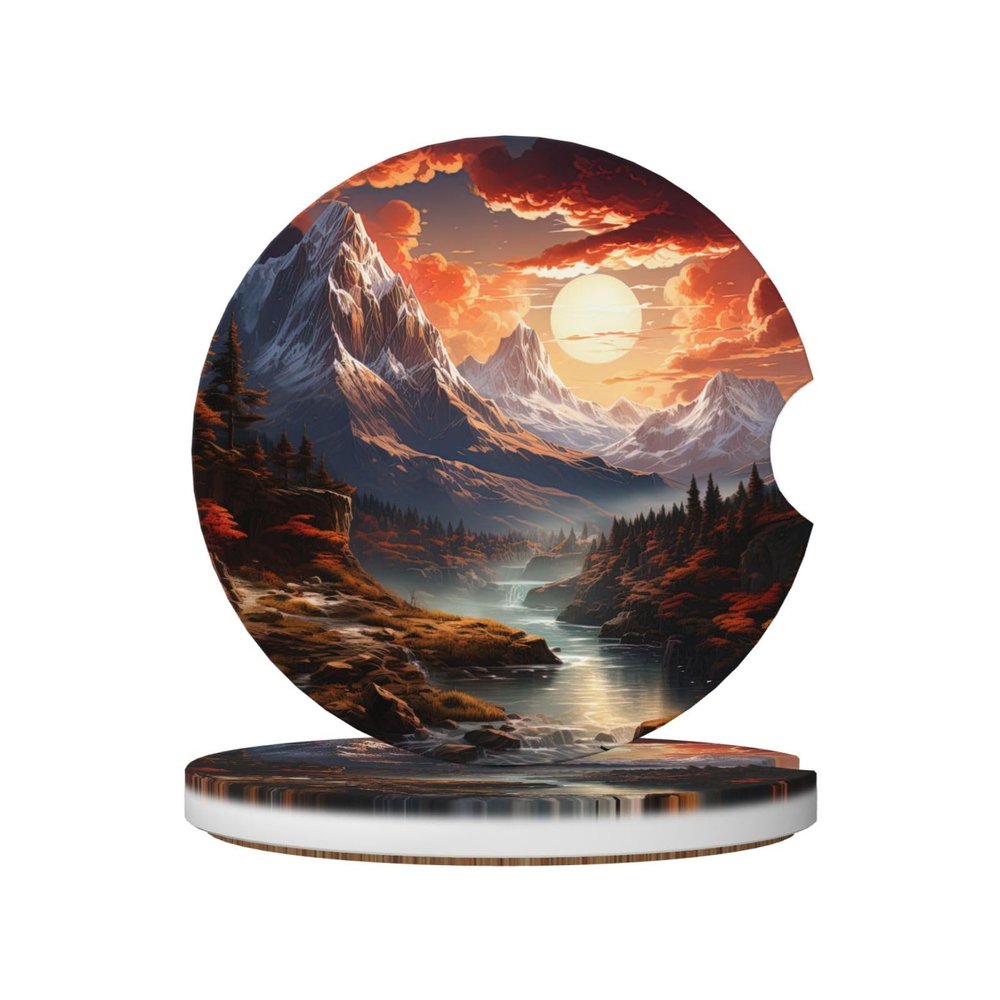 2 Pack Mountains and Moon Car Cup Holder Coaster, 2.56 inch Anti Slip Insert Absorbent Ceramic Car Coaster with Cork Base and Finger Notch, Cute Car Assecories for Women Men