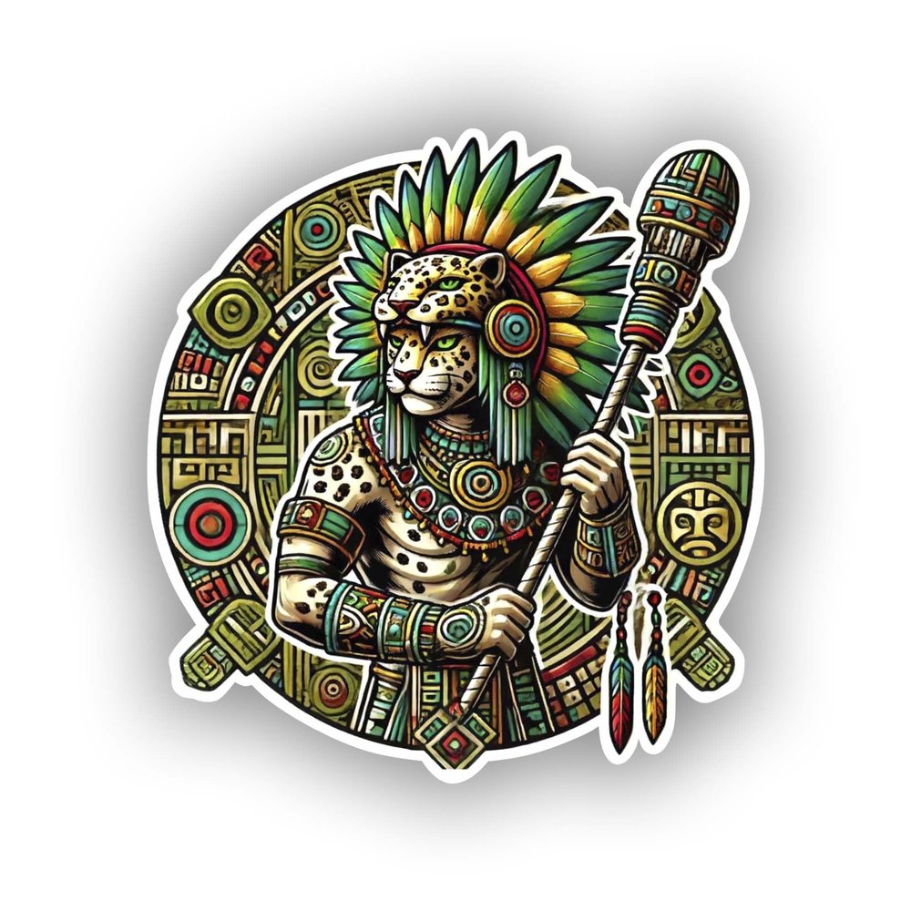 Aztec Jaguar Warrior Sticker - Bold Design with Traditional Attire for Laptop, Wall, Car, Window, Bumper, Waterproof Decal for Truck, Auto, Water Bottle (4)
