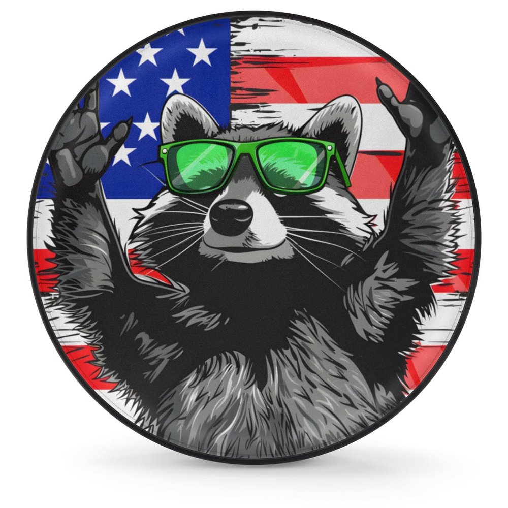 Spare Tire Cover for RV Trailer, American Flag Raccoon Tire Covers Universal Fit for Travel Trailer Camper Jeep RV SUV Truck Waterproof Wheel Cover (17 inch for Diameter 31 - 33)