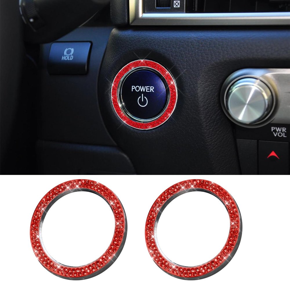 RGOAANC 2PCS Crystal Double Rhinestone Car Engine Start Stop Decoration Ring, Push to Start Button Sticker, Key Ignition Starter & Knob Crystal Rhinestone Cover, Sparkling Car Accessories for Women