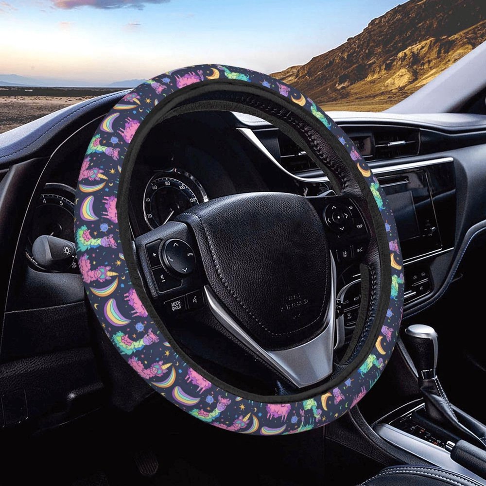 Buyidec Cartoon Cute Funny Llama Steering Wheel Covers Anti-Slip Elasticity Car Accessories Steering Wheel Protector Universal 15 Inch for Cars SUV Vehicle Truck