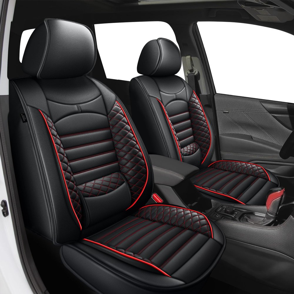 JIAMAOXIN Front Seat Covers for Subaru Forester 2014-2025 2026, First Row 2 Pcs Leather Car Seat Covers Cushion (2 Front Set, Black & Red)