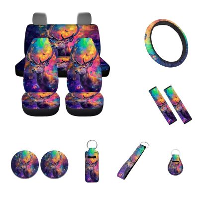 Wideasale Deer with Butterfly Car Seat Covers Set for Womens Auto Steering Wheel Covers+Keychain+Lipstick Holder+Coaster Auto Interior Protector Accessories Decoration