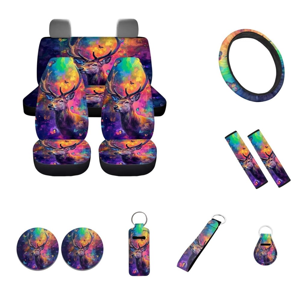 Wideasale Deer with Butterfly Car Seat Covers Set for Womens Auto Steering Wheel Covers+Keychain+Lipstick Holder+Coaster Auto Interior Protector Accessories Decoration