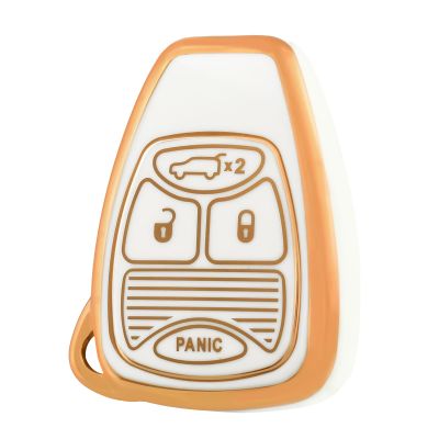OFF WE GO for Jeep Key Fob Cover, Soft TPU Car Key Case Protection Compatible with Jeep Wrangler Compass Dodge Ram Durango Caliber Dakota Nitro Chrysler Smart Car Key Accessories (Gold White)