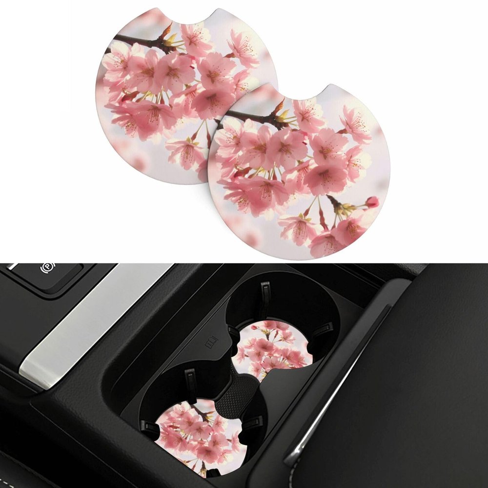 2 PCS Car Coaster for Cup Holders Universal Automotive Cup Mat cherry blossom Cup Pad Mat 2.7" Waterproof Neoprene Non-slip Cup Holder Coasters for Car Interior Accessories
