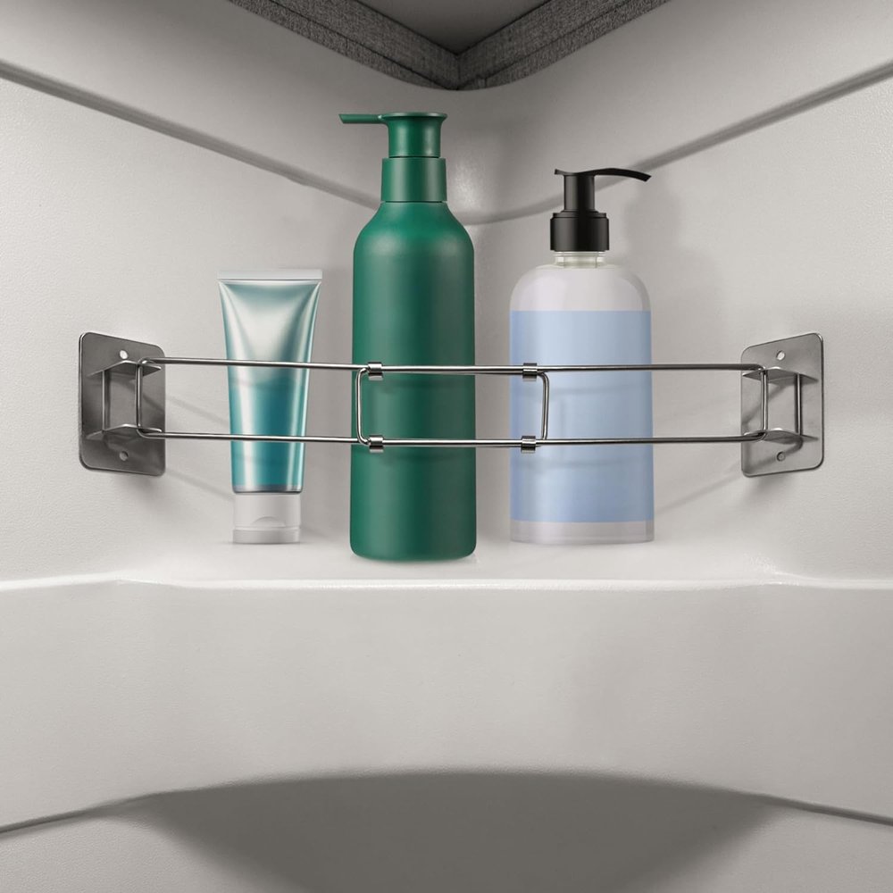 RV Shower Corner Bar Adjustable 7-13 Inches 180 Stainless Steel Camper Bathroom Caddy Storage Organizer Bathroom Shelves Organization Rod for Camper Travel Trailer Inside Bath Accessories (1 pack)