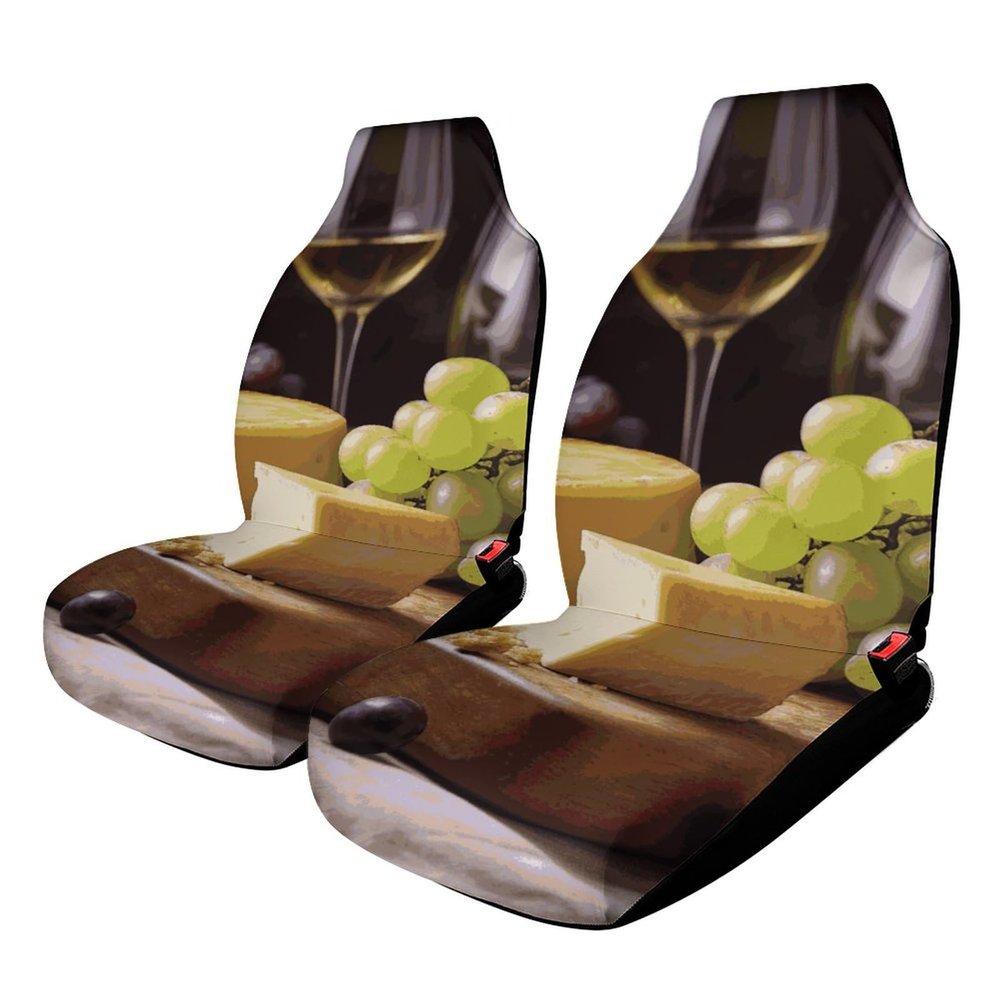 BTCOWZRV Car Seat Covers Set Universal Auto Front Seats Protector Breathable Car Seat Cushion Protector White Wine Cheese Cake Grapes Car Front Seat Cover for Most SUV Sedan Truck