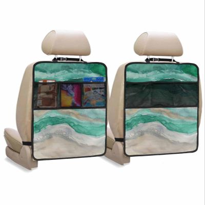 Sabolny 2 Pack Kick Mat Back Seat Protectors, Abstract Green Waterproof & Stain Proof Universal Car Seat Back Protector Backseat Organizer For Kids Pets, Rustic Country Coastal Ombre Stripe Grey