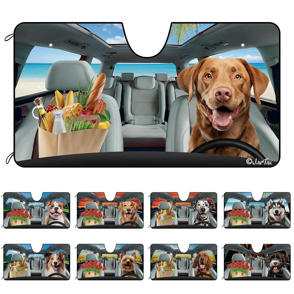 JaeTou Dog Vehicle Windshield Sunshade for Car, Chesapeake Bay Retriever Dog with Beach Sunset Flowers Background, UV Ray Reflector Sun Protector Sun Shade Visor, Keep Vehicle Cool, 51" x 26.8"
