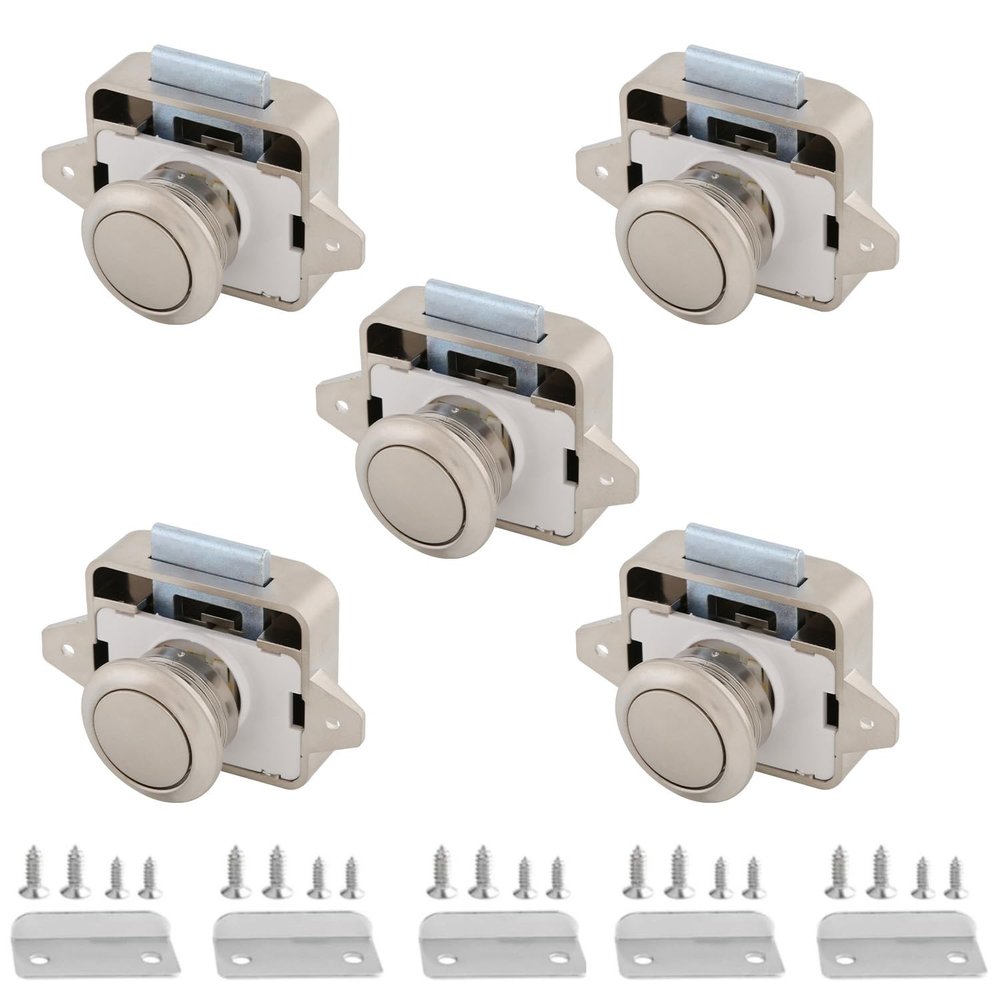 MTSmart RV Cabinet Locks, ABS Push Button Cabinet Latch for RV Motorhome Camper Truck Caravan Van Yacht Boat Marine, Camper Cupboard Knob RV Cabinet Latches (5 PC Pearl Nickel)