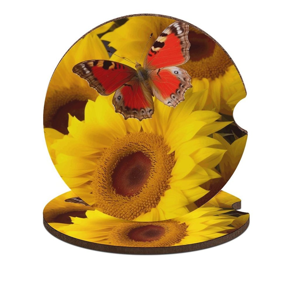 Car Cup Coaster 2PCS Car Cup Holder Coaster Yellow Sunflowers with Red Butterfly Car Coaster Non-Slip Cup Holder Coasters with A Finger Notch Interior Decoration Shockproof Drink Mat for Most Vehicle