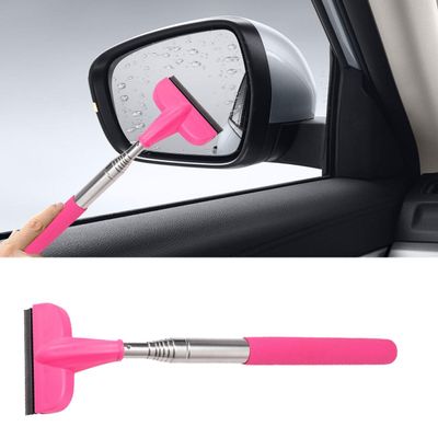 Car Rearview Mirror Wiper, Retractable Car Side Mirror Squeegee with Telescopic Long Handle, Mini Portable Automotive Window Cleaner Tool for Rainy Foggy Weather, Universal Car Accessories (Pink)