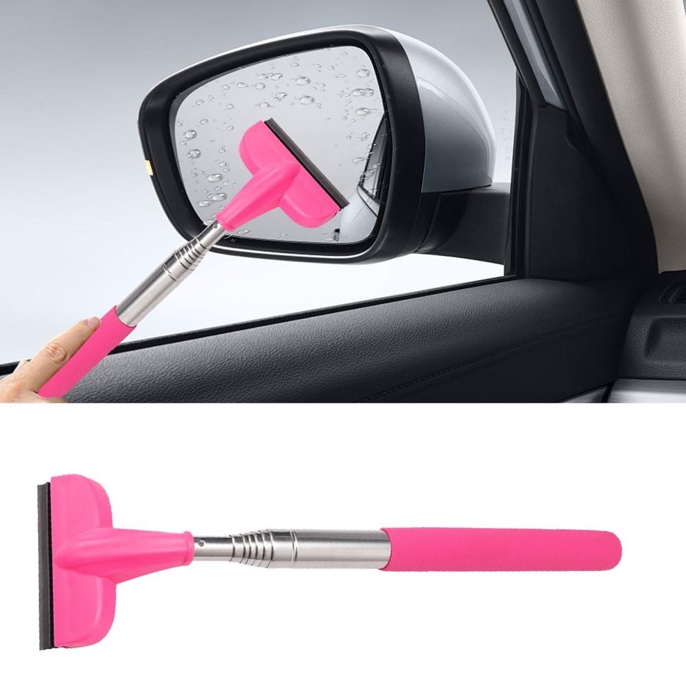 Car Rearview Mirror Wiper, Retractable Car Side Mirror Squeegee with Telescopic Long Handle, Mini Portable Automotive Window Cleaner Tool for Rainy Foggy Weather, Universal Car Accessories (Pink)