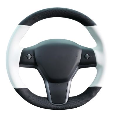 MEWANT Hand Stitched White Leather Tesla Model 3 Steering Wheel Cover for Tesla Model 3 2017-2023 / Model Y 2020-2023 for Tesla Model 3/Y Accessories