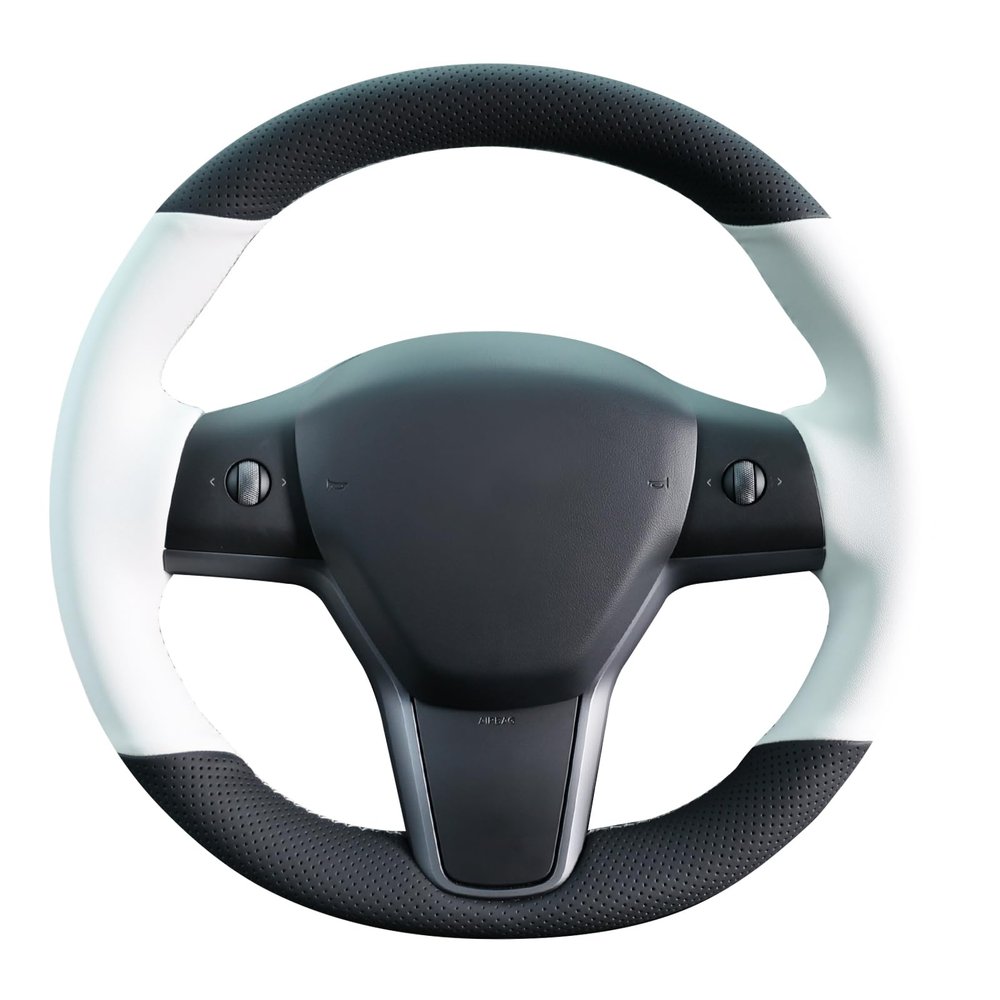 MEWANT Hand Stitched White Leather Tesla Model 3 Steering Wheel Cover for Tesla Model 3 2017-2023 / Model Y 2020-2023 for Tesla Model 3/Y Accessories