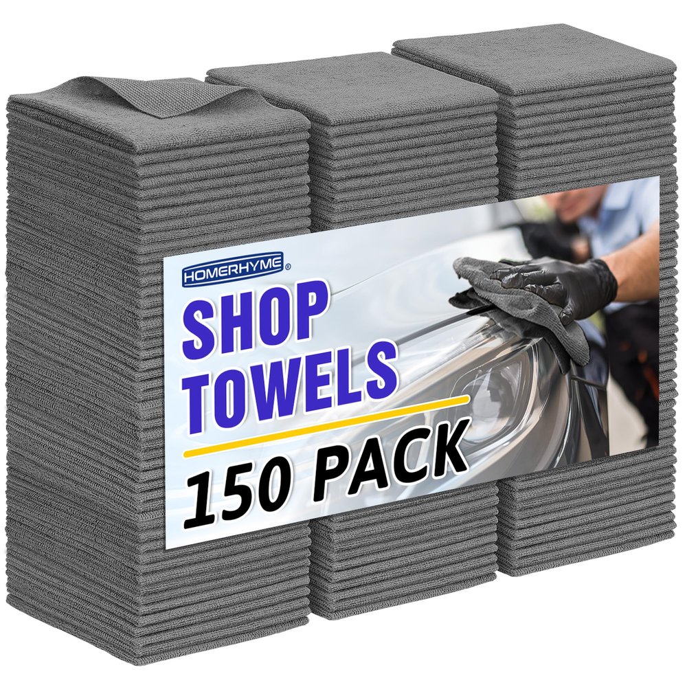 HOMERHYME Microfiber Cleaning Cloth,150 Pack Grey Cleaning Rags, Bulk All-Purpose Lint-Free Shop Towels Wipes, Commercial Micro Fiber Cleaning Towels Washcloth for Car Garage Housekeeping 11.5"*11.5"
