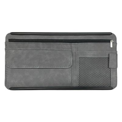 Suede Car Sun Visor Organizer with Multi-Pocket Net Zipper, Glasses Case, Sunglass Holder (Grey)