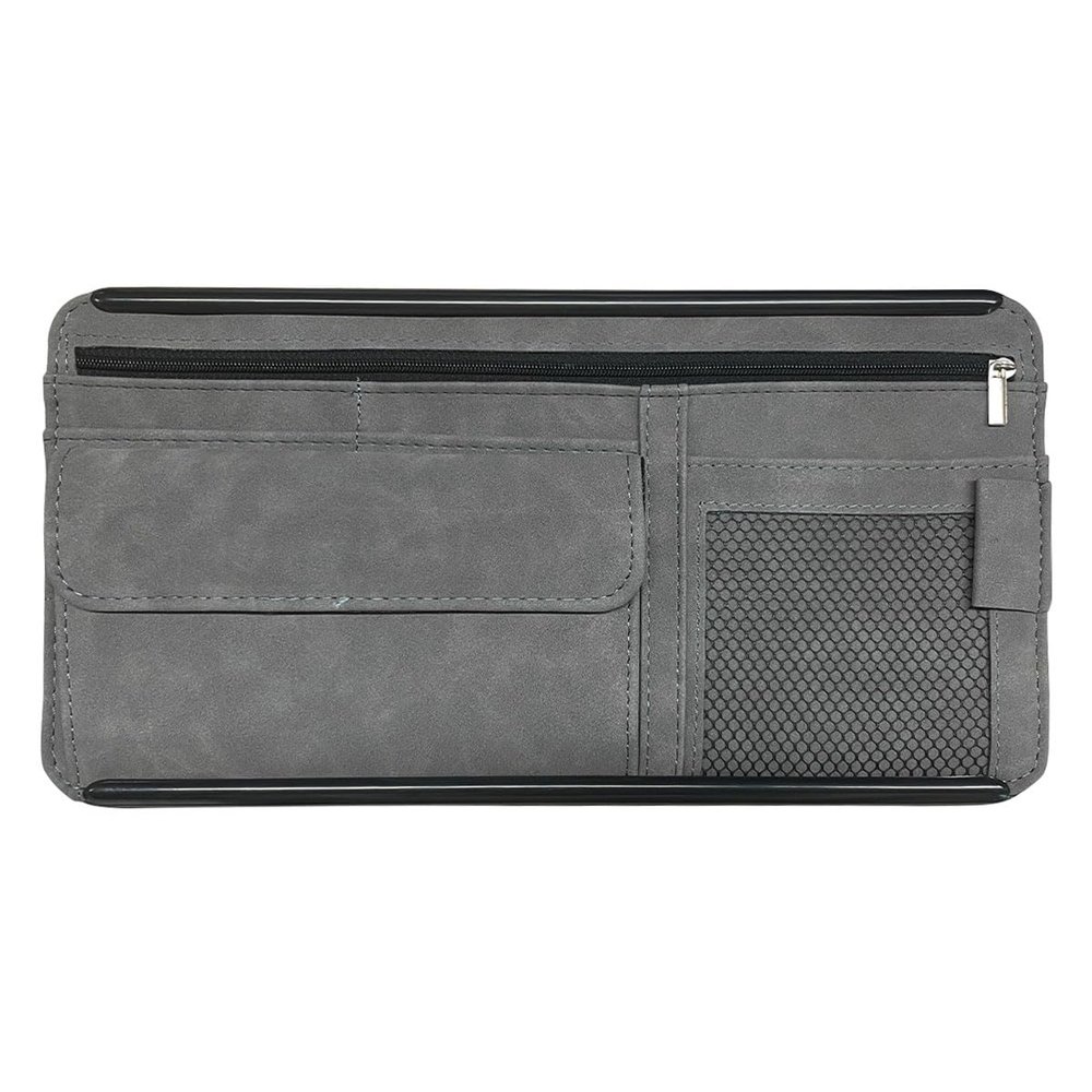 Suede Car Sun Visor Organizer with Multi-Pocket Net Zipper, Glasses Case, Sunglass Holder (Grey)