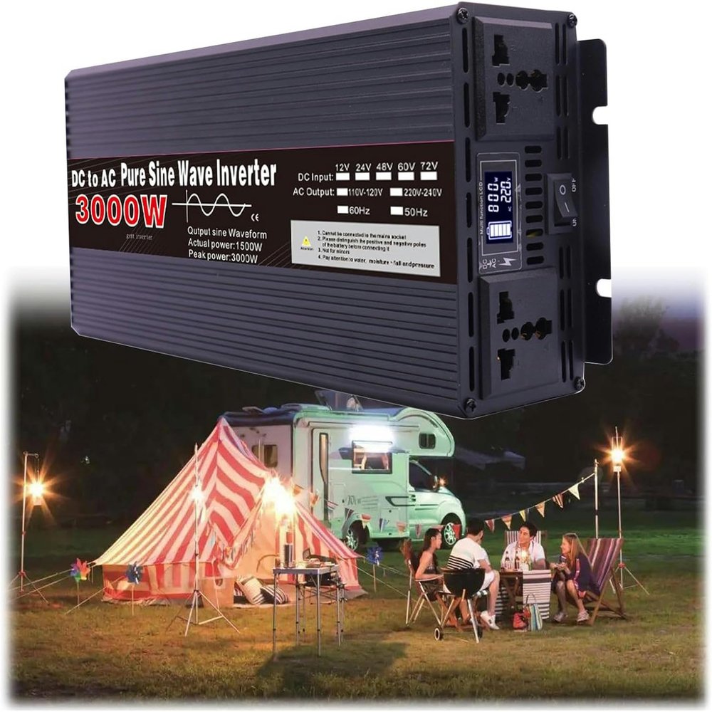 1500W Pure Sine Wave Inverter 3000W Peak Power 12V/24V/48V/60V/72V DC to 110/120V AC Power Inverter with 2 AC Outlets, LCD Display, Car Power Converter for Home, Vehicles, Boat