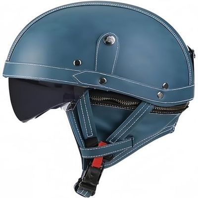 Motorcycle Leather Half Helmet Vintage Open Face Helmet DOT Approved Jet Helmet Removable Thermal Bib Retractable Visor Half Face Helmet Skull Cap Moped Scooter (G,Large)
