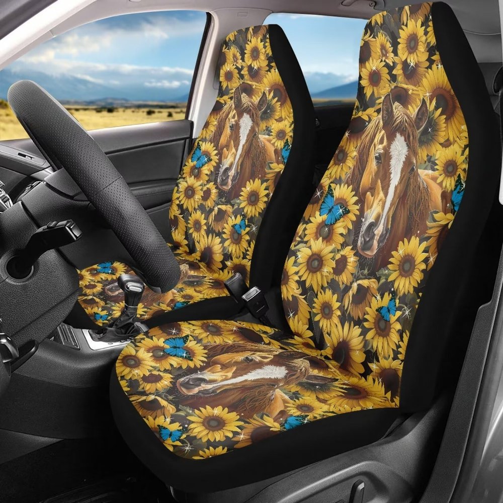 HUGS IDEA Sunflower Horse Print Car Seat Covers Automotive Seat Covers for Cars Truck Van SUV,Non-Slip Vehicle Seats Protectors Universal Fit Set 2 for Auto Interior Accessories