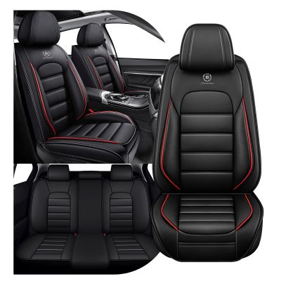YWZQ Full Set Seat Covers for Chevrolet Chevy Bolt EUV 2022-2025, Premium Leather Waterproof Stain-Resistant with Storage Pockets, 5 Pieces Seats Protector (Black&Red)