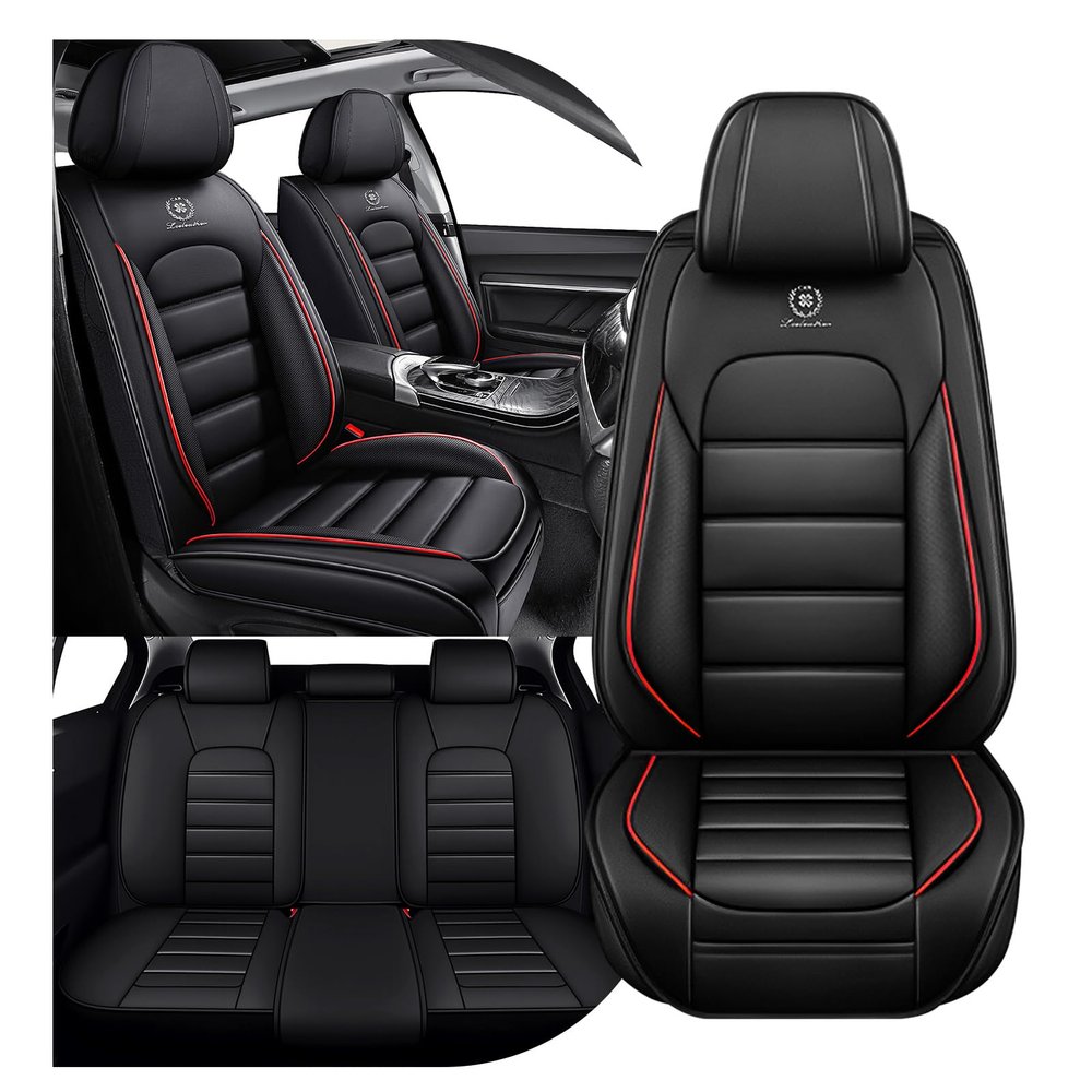YWZQ Full Set Seat Covers for Chevrolet Chevy Bolt EUV 2022-2025, Premium Leather Waterproof Stain-Resistant with Storage Pockets, 5 Pieces Seats Protector (Black&Red)