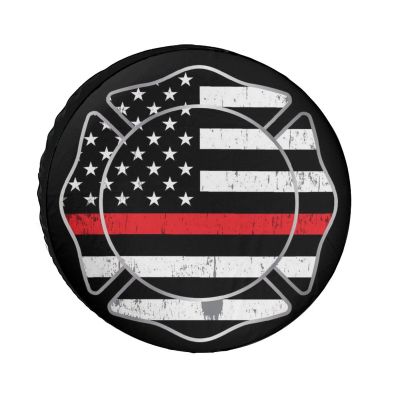 Waterproof Tire Cover American Thin Red Line Firefighter Flag Black, Weatherproof Dust-Proof Spare Tire Cover, Durable Oxford Cloth Wheel Covers for RV, Trailers, Camper, 28inch