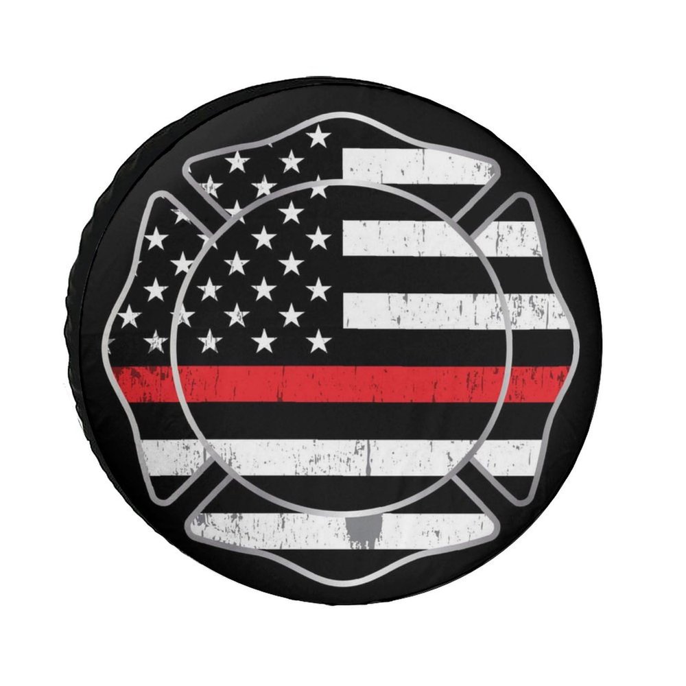 Waterproof Tire Cover American Thin Red Line Firefighter Flag Black, Weatherproof Dust-Proof Spare Tire Cover, Durable Oxford Cloth Wheel Covers for RV, Trailers, Camper, 28inch