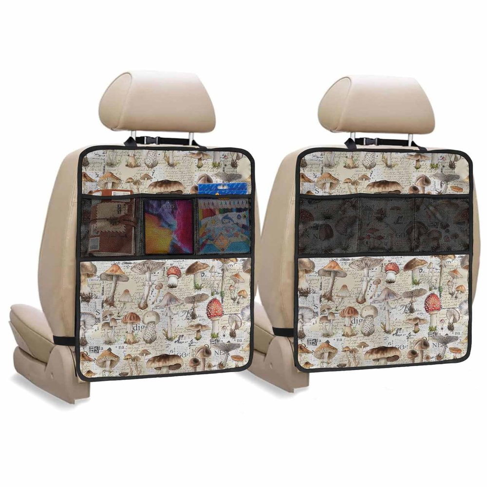 T&H XHome Car Seat Protector, 2 Pack Kick Mats with Organizer - 3 Pocket Storage, Retro Mushroom Spring Summer Plant Leaves Back Seat Cover for Kids Universal Fit Automotive Interior Protectors