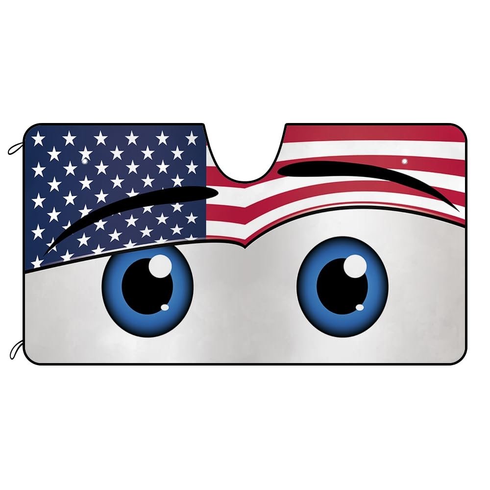 GUGLILI Funny Eyes Car Windshield Sun Shade Innocent Eyes Car Sunshade Sun Visor Protector for SUV Truck Blocks UV Rays Keeps Vehicle Cool American Flag 51 X 26.8 Inch