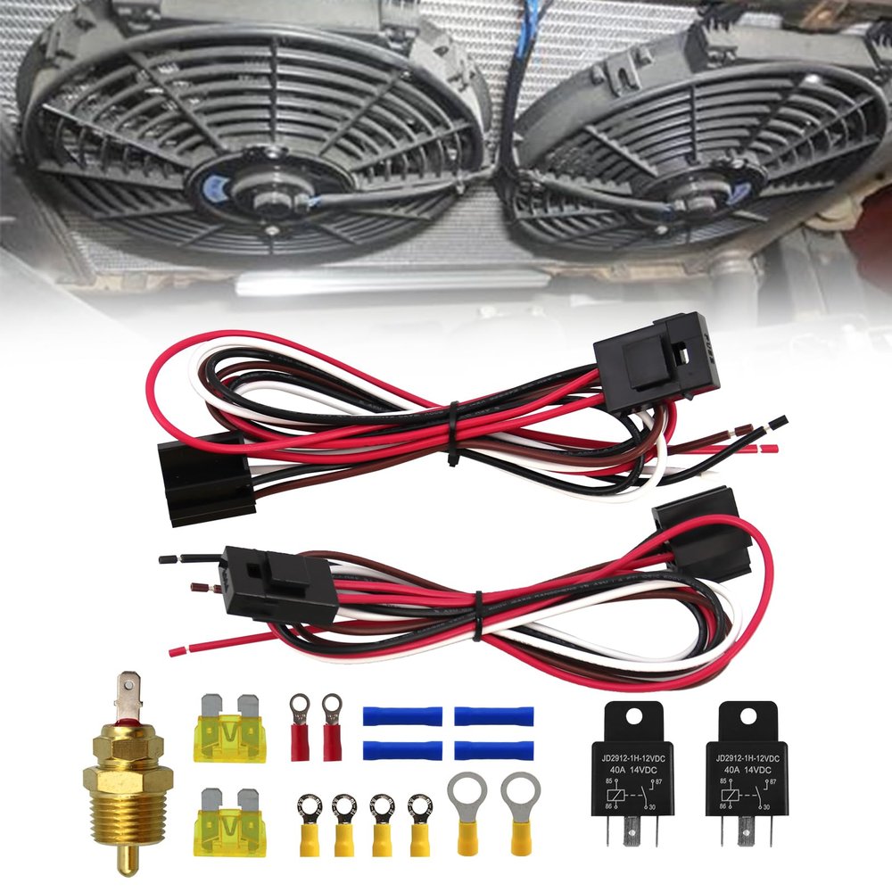 RYANSTAR RACING Dual Electric Fan Relay Kit with Radiator Electric Fan Thermostat Kit Fan Temperature Sensor Switch 185 On 175 Off Electric Cooling Fan Thermostat Kit 4 Pin 40 AMP Waterproof Relay Kit