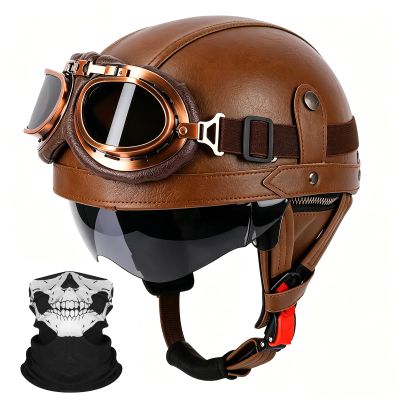German Style Motorcycle Helmets, Retro Leather Half Helmet, DOT Approved Adult Men Women Vintage Half Face Helmet, with Goggles, for Moped Bike Cruiser Scooter Chopper (Brown, XL)