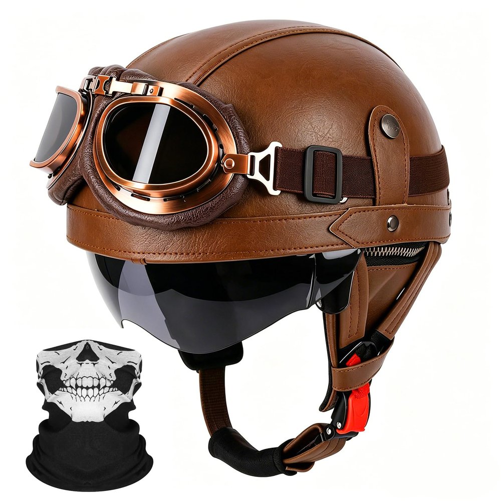 German Style Motorcycle Helmets, Retro Leather Half Helmet, DOT Approved Adult Men Women Vintage Half Face Helmet, with Goggles, for Moped Bike Cruiser Scooter Chopper (Brown, XL)